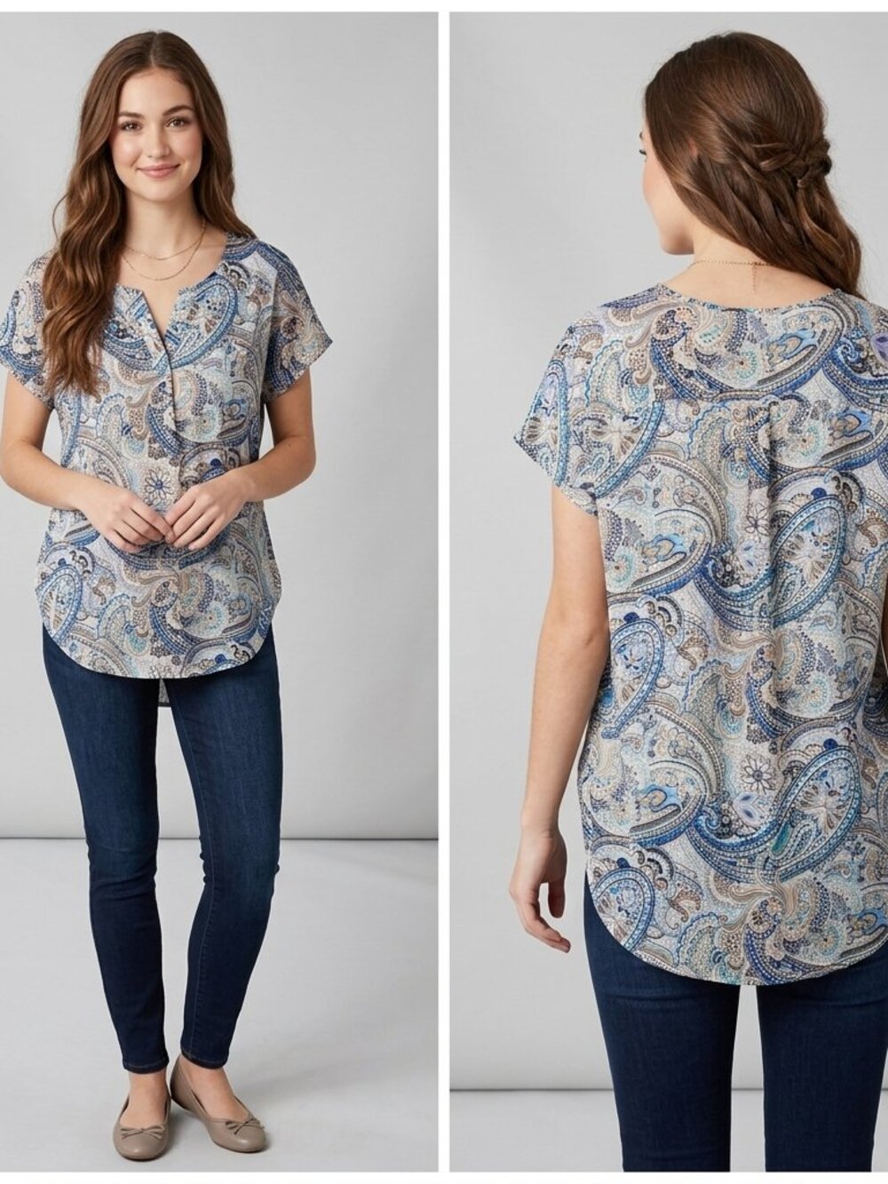 CATO Women’s Paisley Blouse Size Medium Blue Tan V-Neck Short Sleeve Hi-Low Hem